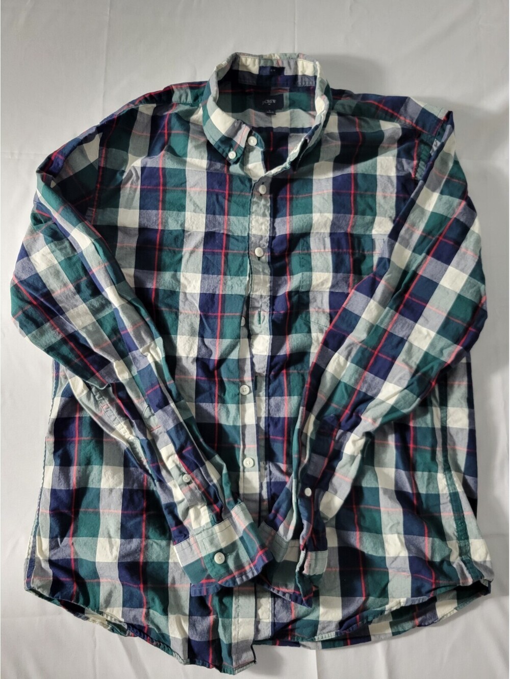 J.Crew Button Down Shirt L Plaid Casual Cotton Slim Fit Blue Green Long Sleeve